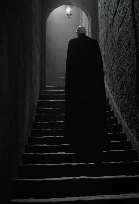 cinematic, ((black and white, monochrome, greyscale)), side view, The year is 1922 and as you sleep in your chambers, a malevolent force creeps up the stairs towards you. This entity has had many names over the years but the one being used for it tonight i...