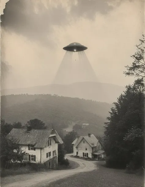 an old photo of a flying saucer hovering over a village