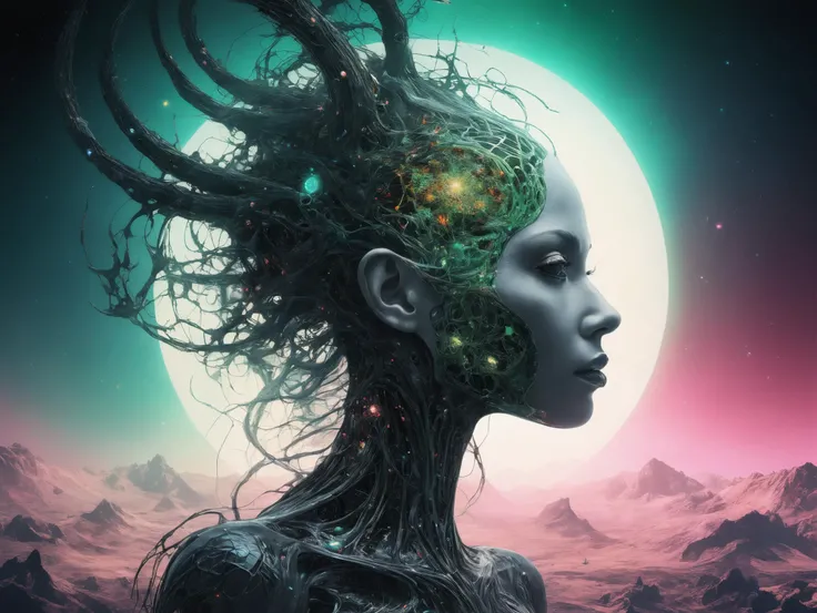 transformation of innocent beautiful woman into a grim alien queen, dreamscape in your mind, Double exposure effect of female alien body portrait silhouette, superimposed against astral cosmic sky by Karol Bak, Peter Gric, Conrad Roset, Brandon Kidwell, An...