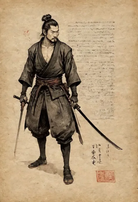 a drawing of a man in a samurai outfit holding two swords