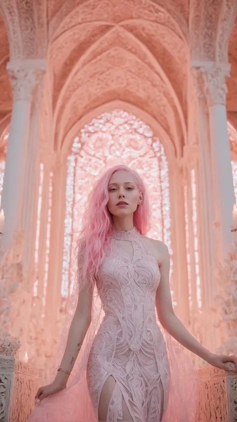 detailed image of a 27 y.o. albino woman with glowing pink hair, in a white and pink electric neon cathedral, intricate detail, intricate patterns, highly detailed, pale skin, skinny, goddess, ethereal, radiating colored aura, glowing, otherworldly, dreamy...