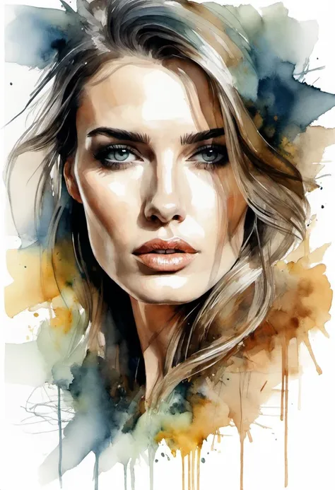 watercolor, oil pastel, abstract stylized illustration, fashion, cute, young pale skinning girl, top angle shot, cinematic light, leather, jeans, silky, mini dress, tight, short, Art by Peter Draws, Carne Griffiths and Wadim Kashin, Yoji Shinkawa, Brian Fr...