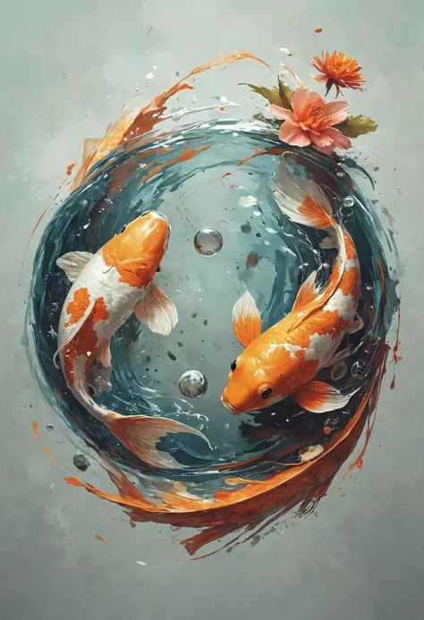 a painting of two koi fish swimming in a pond with flowers