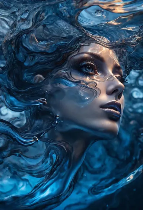 a woman with blue hair and a face covered in water