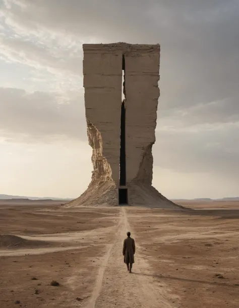 by peter de seve,  (masterful but extremely beautiful:1.4), (masterpiece, best quality:1.4) , in the style of nicola samori, cinematography, otherworldly monolithic structure dominates a desolate plain, stark contrast, flat horizon, solitary monument, anam...