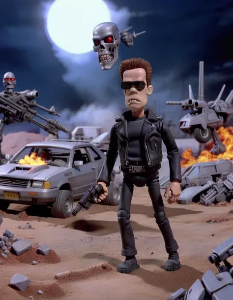 claymation, Terminator 2: Judgment Day, action, dynamic, movie scene, detailed background <lora:CLAYMATE_V2.03_:1>