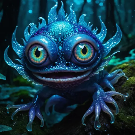 <lora:add-detail-xl:2.0>, jesper myrtos, detailed expressive eyes, fantasy style, the mystical many-eyed waterdemon, shown here with its iridescent scales flarbifying in the moonlight, it often shmuggles among bioluminescent mushrooms and fireflies in the ...