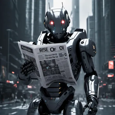 Techwear fashion a scared cute futuristic  robot reading a newspaper, the words on the front page  are (The  Rise of O I:1.5) in bold letters, standing in a busy street filled with other robots, pristine futuristic architecture, towering skyscrapers, <lora...