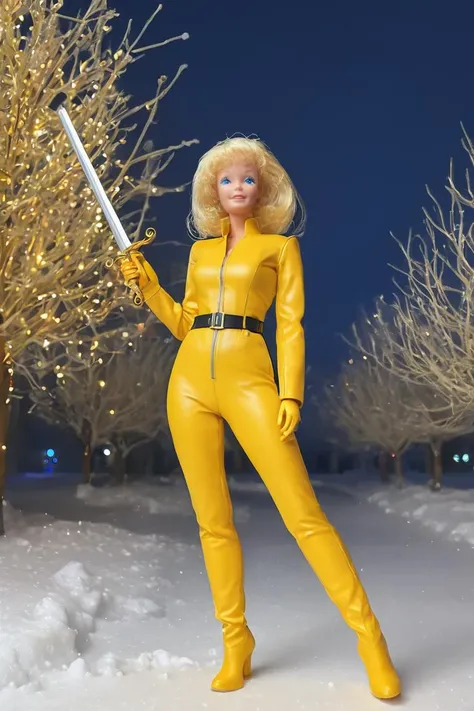 Create a striking and unique superhero <lora:mistletoe_mercenaries:1> mistletoe mercenaries rendition of <lora:Barbie_Doll_SDXL:1> Barbie, wearing armored yellow leather jumpsuit, carrying a (gold sword:1.2), guarding Santa sleigh, outdoors, snow, christma...