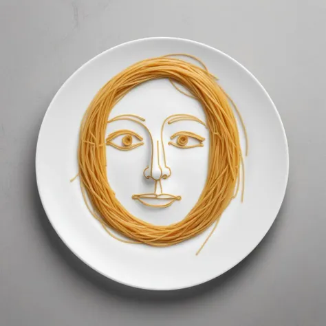 from above, minimalist, empty dinner plate, line drawing of a face made using strings of spaghetti, masterpiece, best quality, ultra realistic,32k,RAW photo,detail skin, 8k uhd,high quality, ,