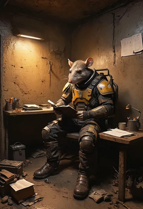 underground base of hero working station office with equipment repair tool armor suit and weapon vehicle,   <lora:Desolation:0.5>
BREAK
filthy rugged male anthro anthropomorphic rat sitting in the chair, doing paperwork