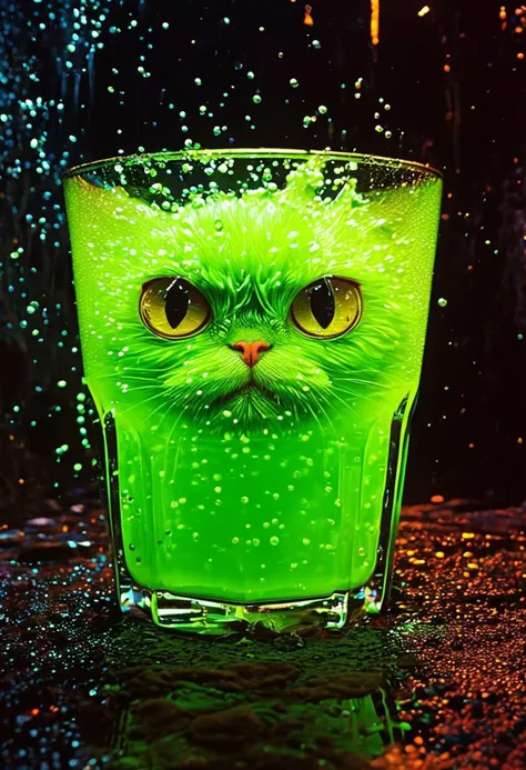 A giant glass of bubbly green liquid with big yellow eyes, sitting ominously in the middle of a dark dungeon. The liquid fizzes and bubbles, while the eyes float and blink, giving it a watchful, eerie presence., 
in the style of hauntingly atmospheric dark...