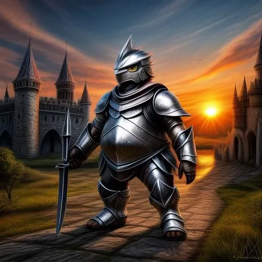 Masterpiece, best quality, 4k, yellow bird, fat, ((silver armor)), feral bird, angry, holding large steel weapon, ready for battle, destroyed castle background, sunrise,