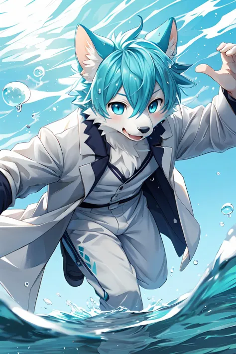 1boy,boy,solo,male,furry,kemono,anthro,
aqua hair,aqua eyes,
open coat,((water drops)),wet clothes,((beautiful detailed water)),((floating)),dynamic angle,