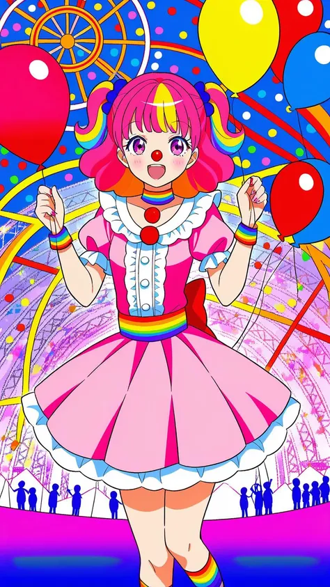 (1girl:1.3), (cute:1.2), (anime style:1.1), (detailed background:1.2), (flat colors:1.2), (lineart:1.1), ((bright colors)), ((playful, holding balloons)), (carnival background), (colorful tents), (ferris wheel), (cotton candy stand), (joyful crowd), (clown...