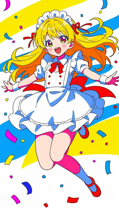 (1girl:1.3), (cute:1.2), (anime style:1.1), (simple background:1.2), (flat colors:1.2), (lineart:1.1), ((bright colors)), ((joyful, jumping, open arms)), blue sky, white clouds, confetti, (full body:1.1), (dynamic pose:1.1), (maid outfit), (striped clothes...