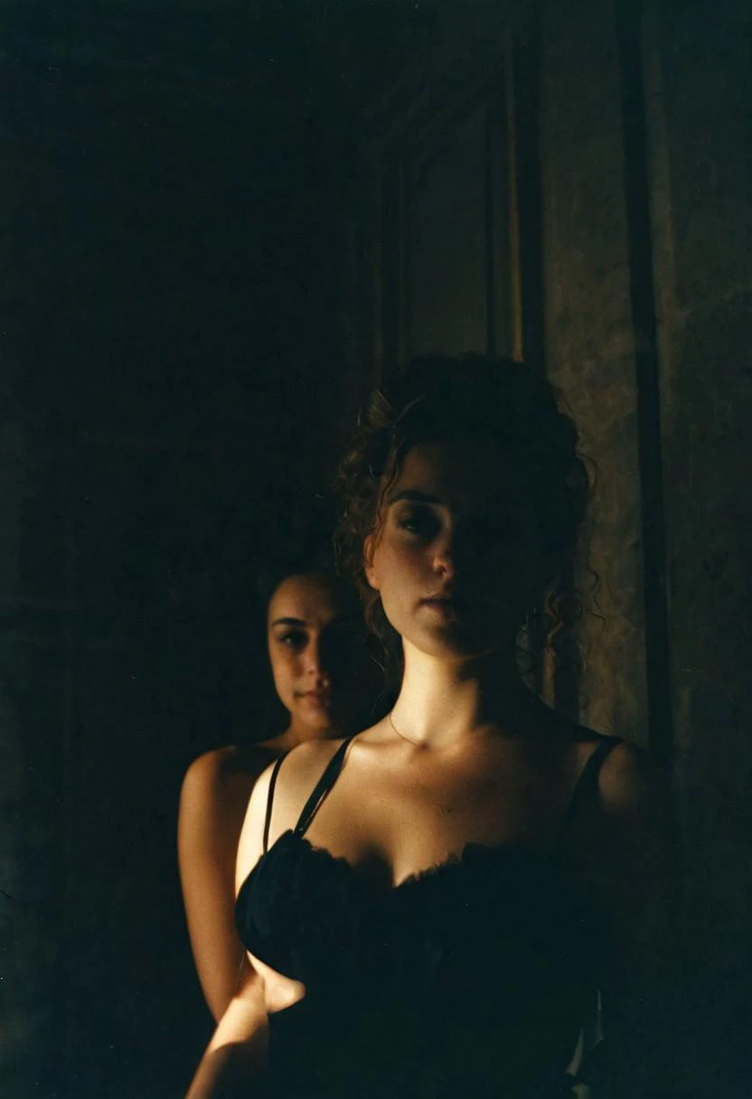 (1700) style two french noble 2women, indoor versailles, half body shot, ((flashing tits)),face in shadow, emerging from  darkness, shadows, wide angle, kodak gold 800 analog film, faded, grainy, blurry