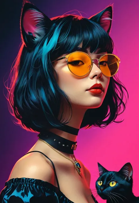 An enticing, side-view illustration of a catgirl, featuring feline ears, a slender frame, round sunglasses, a bob cut hairstyle, a choker, and an off-shoulder top in a synthwave style. The background is adorned with black cats, and the overall aesthetic is...