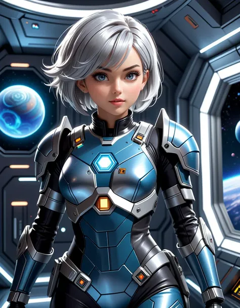 4K quality, digital drawing mode, space bounty hunter-themed female character, short silver hair styled in a messy bob, wearing a sleek silver and blue armored suit with high-tech gadgets attached, holding a plasma blaster in one hand and a holographic tra...