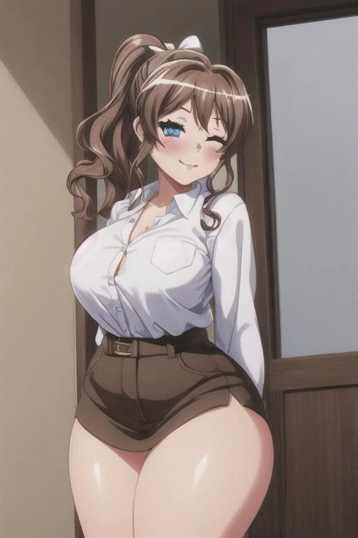 1girl, solo, long hair, looking at viewer, soft smile, blushing, aroused, half closed eyes, blue eyes, brown hair, ribbon, hair ribbon, ponytail, sidelocks, huge breasts, thick thighs, wide hips, big ass, white collared shirt, tied shirt, miniskirt, yamabu...