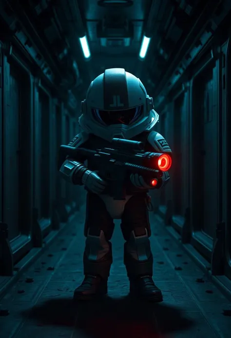 "Create a hyper-realistic image of a chibi space marine, clad in a bulky space suit and helmet, standing in a dark and foreboding abandoned hallway of a deserted spacecraft. The atmosphere should be tense and eerie, with a sense of foreboding and danger. T...