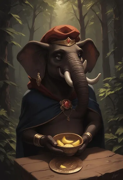 score_9, score_8_up, score_7_up, tight portrait, a fully anthropomorphic elephant with a thick fur-lined royal cape, holding a bowl of bananas in one hand, wearing royal jewels and rings, joyful, cartoonish smile, (long silly elephant trunk), tusks, golden...