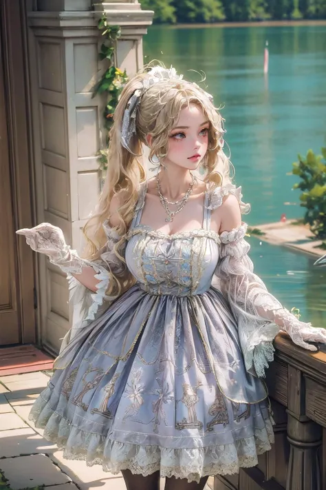 (masterpiece, best quality:1.2),illustration,8k,hd,1 girl,blonde hair,very long hair,solo,(collarbone:1.2),looking at viewer,twintails,
FZGQQ,grey dress,jewelry,detached sleeves,hair ornament,necklace,white gloves,lace,white pantyhose,lace trim,lace-trimme...