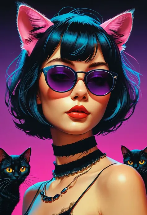 An enticing, side-view illustration of a catgirl, featuring feline ears, a slender frame, round sunglasses, a bob cut hairstyle, a choker, and an off-shoulder top in a synthwave style. The background is adorned with black cats, and the overall aesthetic is...