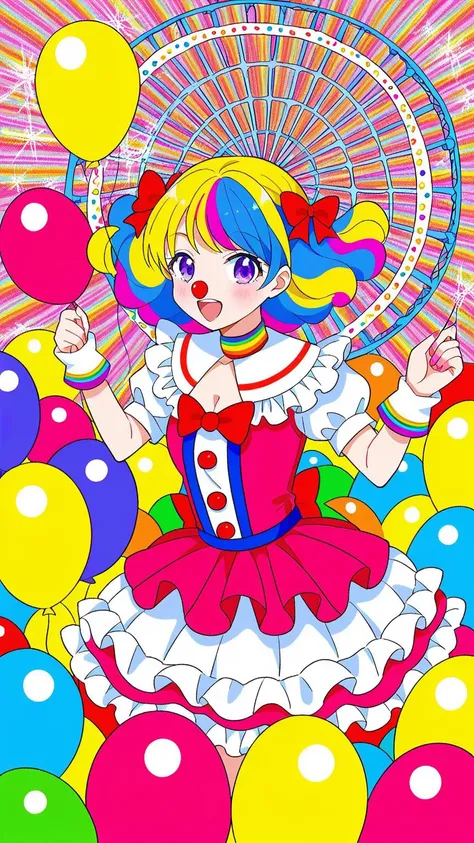 (1girl:1.3), (cute:1.2), (anime style:1.1), (detailed background:1.2), (flat colors:1.2), (lineart:1.1), ((bright colors)), ((playful, holding balloons)), (carnival background), (colorful tents), (ferris wheel), (cotton candy stand), (joyful crowd), (clown...