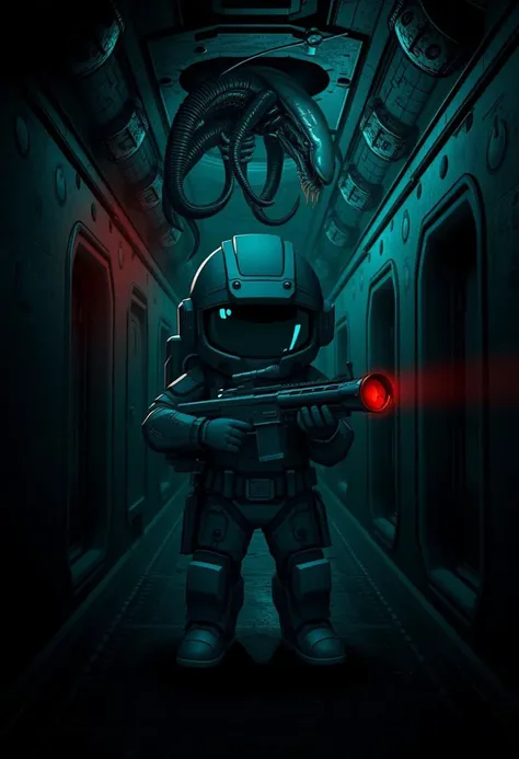 "Create a hyper-realistic image of a chibi space marine, clad in a bulky space suit and helmet, standing in a dark and foreboding abandoned hallway of a deserted spacecraft. The atmosphere should be tense and eerie, with a sense of foreboding and danger. T...