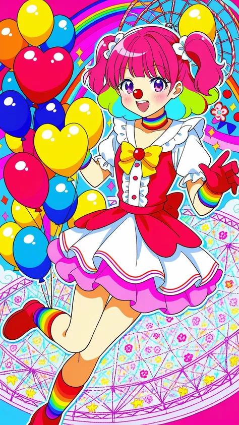 (1girl:1.3), (cute:1.2), (anime style:1.1), (detailed background:1.2), (flat colors:1.2), (lineart:1.1), ((bright colors)), ((playful, holding balloons)), (carnival background), (colorful tents), (ferris wheel), (cotton candy stand), (joyful crowd), (clown...