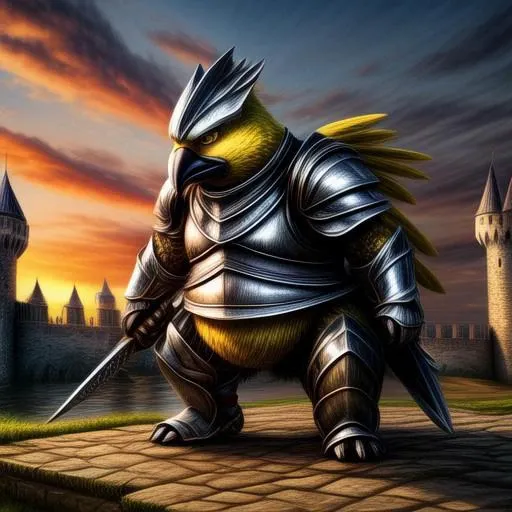 Masterpiece, best quality, 4k, yellow bird, fat, ((silver armor)), feral bird, angry, holding large steel weapon, ready for battle, destroyed castle background, sunrise,