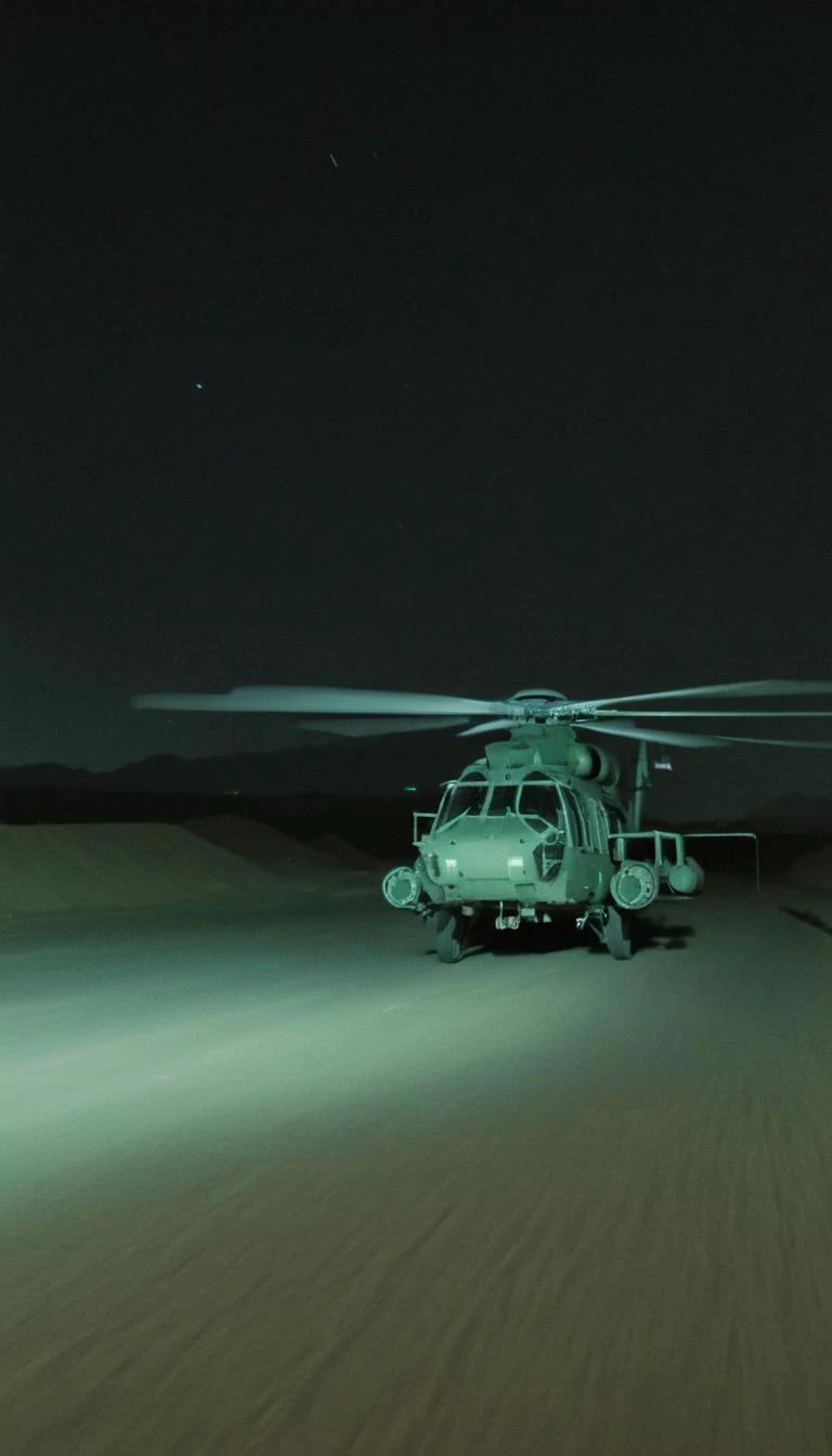 a very blurry, grainy and low resolution night vision scene with a dark green hue, close up angle old digital camera style, military vehicles, black helicopter, intense motion blur, old analog photo, long exposure, glowing night vision, depicting a shadowy...