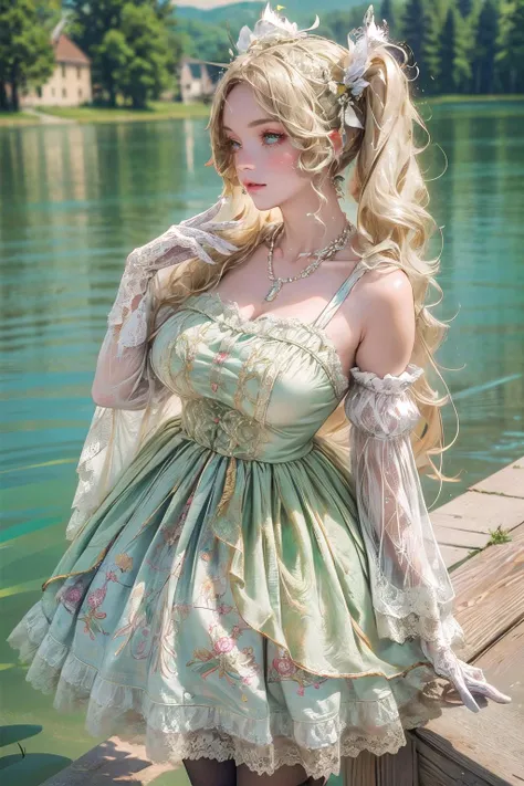 (masterpiece, best quality:1.2),illustration,8k,hd,1 girl,blonde hair,very long hair,solo,(collarbone:1.2),looking at viewer,twintails,
FZGQQ,green dress,jewelry,detached sleeves,hair ornament,necklace,white gloves,lace,white pantyhose,lace trim,lace-trimm...