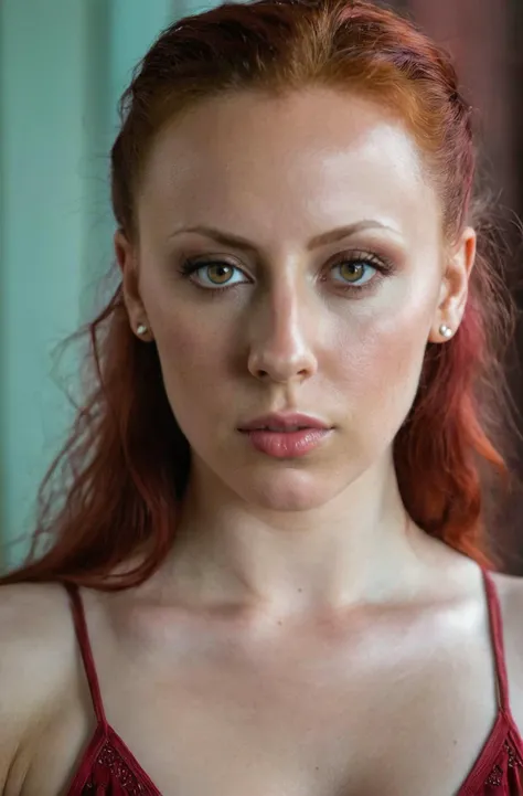 Portrait Photo a portrait, hyperdetailed photography, by Elizabeth Polunin, red haired young woman, Gianna Michaels, brooklyn, looking straight to camera, sweaty, olya bossak, nepal, very accurate photo, suspiria