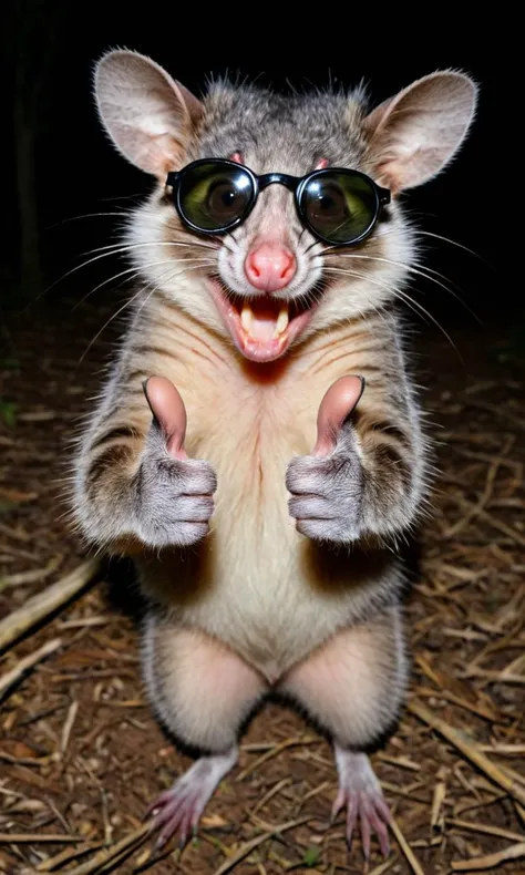 animal, awesome possum, thumbs up, crazy smile, night, park, flashlight photography, national geographic, sunglasses,