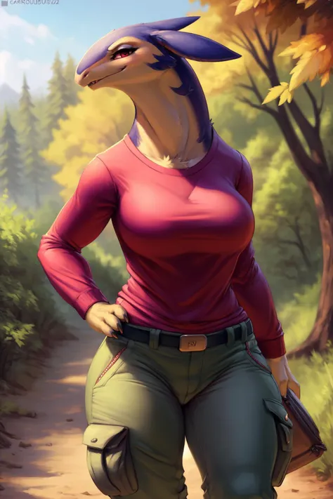 uploaded on e621, explicit content, 3d:0.4, cutesexyrobutts, hioshiru, (cooliehigh:0.5), female, hisuian typhlosion, hiking trail setting, closeup, three-quarter portrait, (cargo pants, long sleeve shirt), walking, hands in pockets, casual pose
<lora:Hisui...