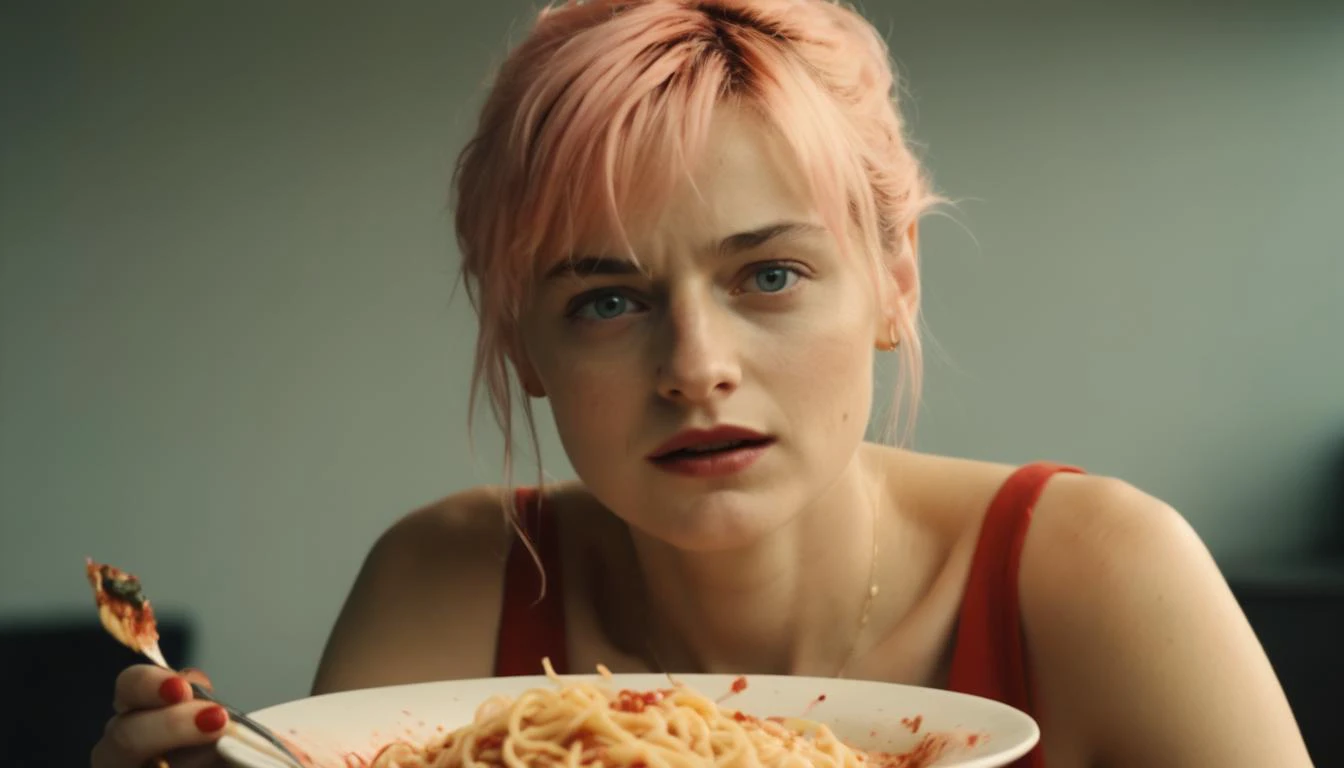 arafed woman with pink hair eating spaghetti with fork