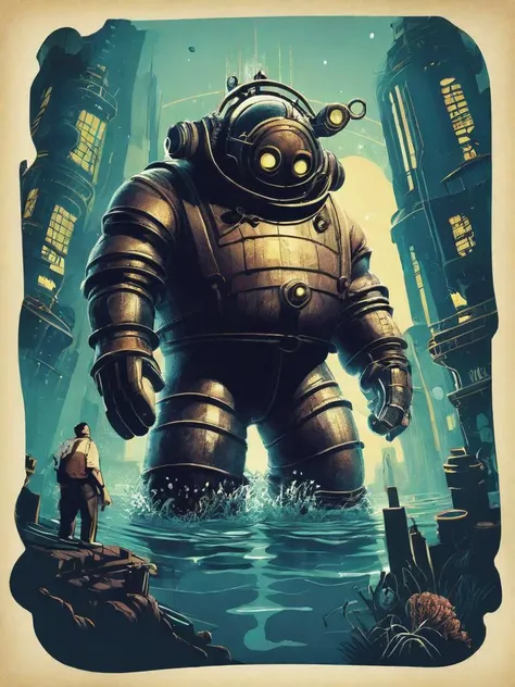 a poster of a giant robot standing in the water