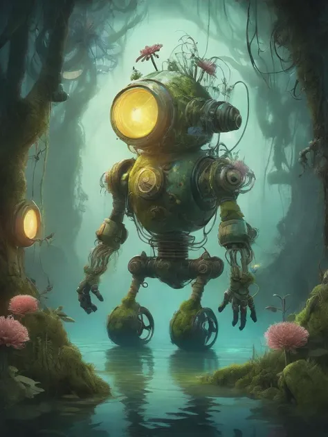 a digital painting of a robot in a forest with flowers