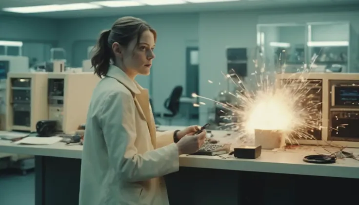 A scene from a new film starring emmacorrin person as a super spy. The scene takes place in a high-tech laboratory and involves emmacorrin person hacking into a computer system. The style is thriller, high-tech, epic realism., explosion artstyle <lora:2024...