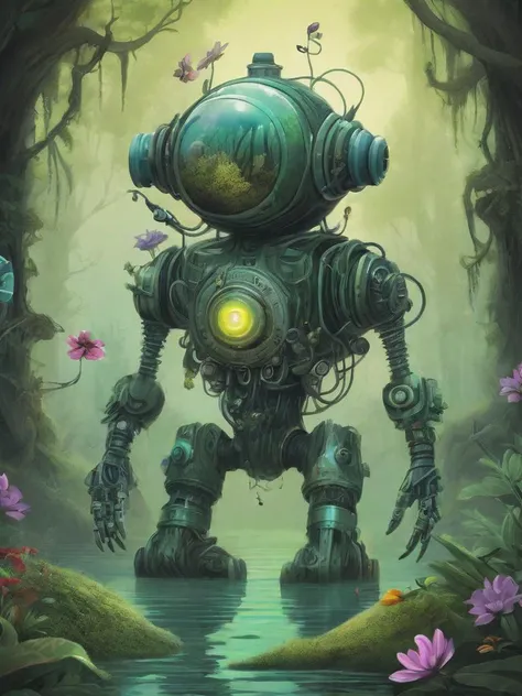 a digital painting of a robot standing in a swamp with flowers