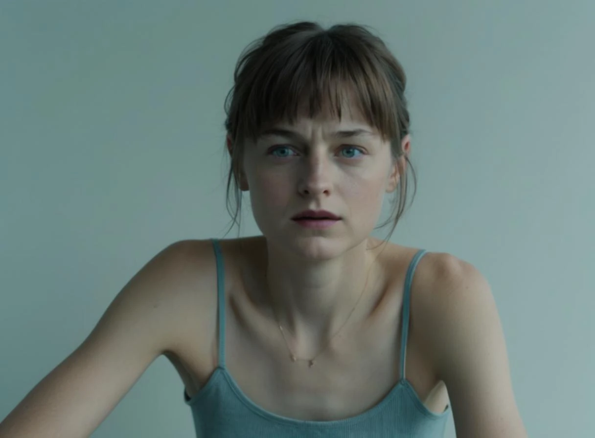 a close up of a woman in a blue tank top sitting on a bed