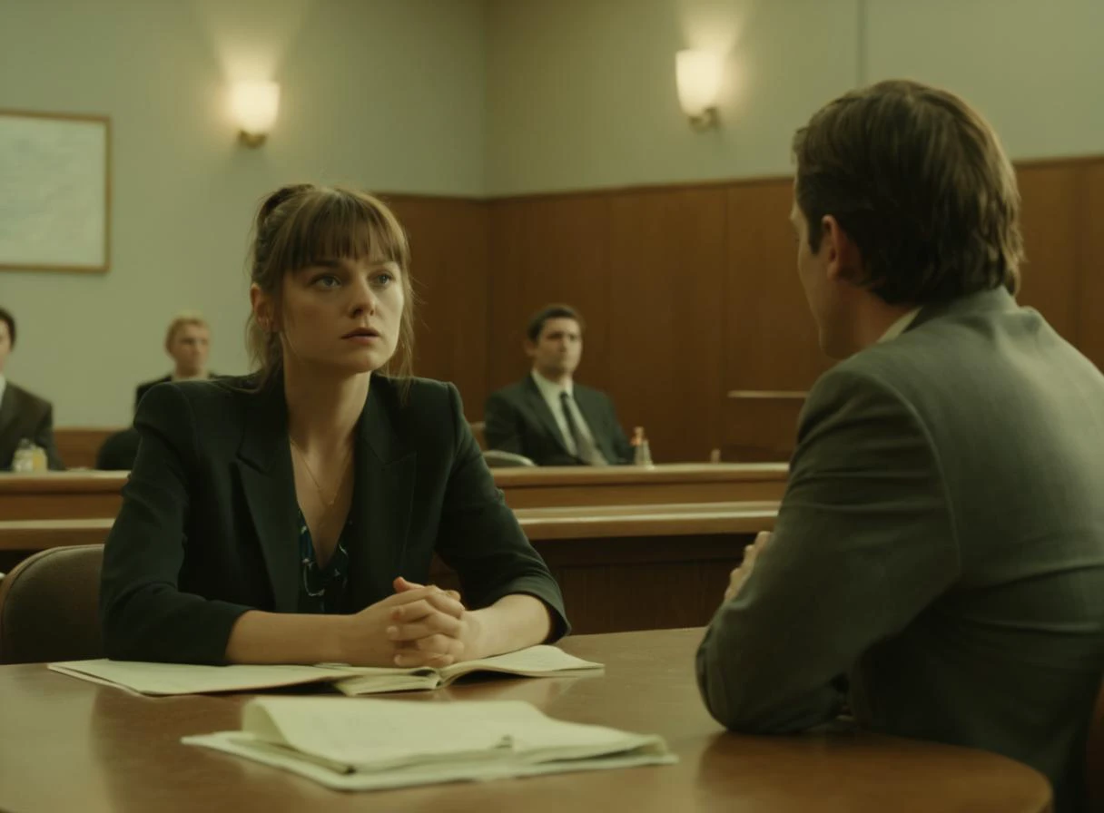 a woman sitting at a table in a courtroom with a man in a suit