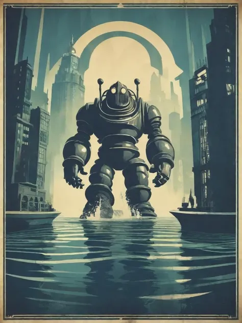 a poster of a giant robot standing in the water