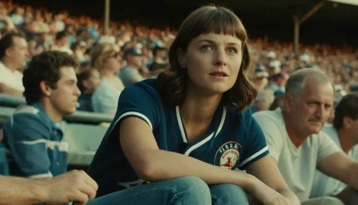 a woman sitting in a stadium watching a baseball game