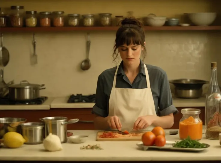 there is a woman in a kitchen preparing food on a cutting board