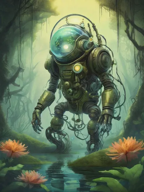 a painting of a man in a diving suit floating in a pond