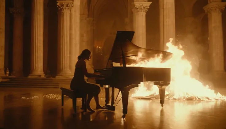 arafed image of a person playing a piano in a building