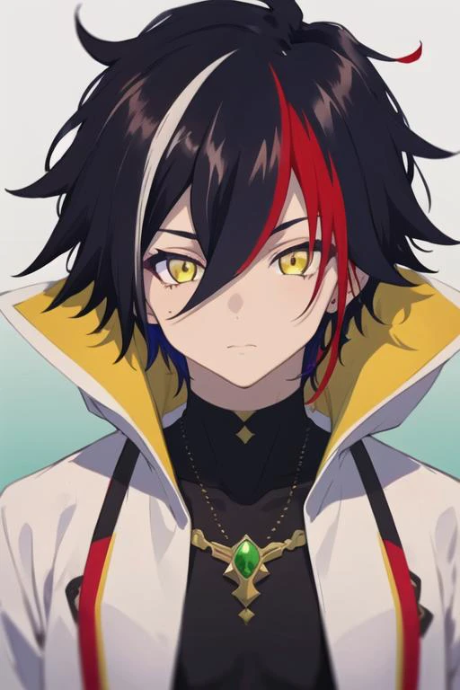 masterpiece, best quality, , 1boy, solo, male focus, looking at viewer, upper body, depth of field, <lora:prince_of_darkness_shironeko:0.72>, prince_of_darkness_shironeko, black hair, red hair, multicolored hair, yellow eyes, streaked hair, hair between ey...